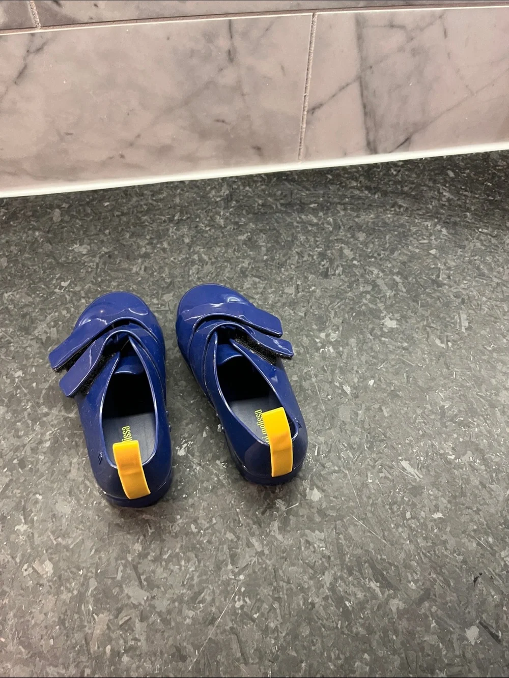 Kids MINI MELISSA Navy Blue Slip-On Shoes with Yellow Pull Tab